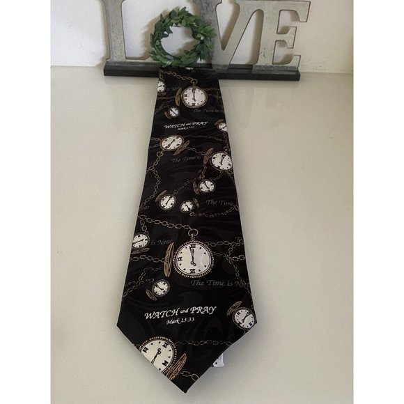 Appointed Apparel Watch and Pray Black Gold Christian Silk Tie Vintage 4" x 59" - Picture 2 of 16
